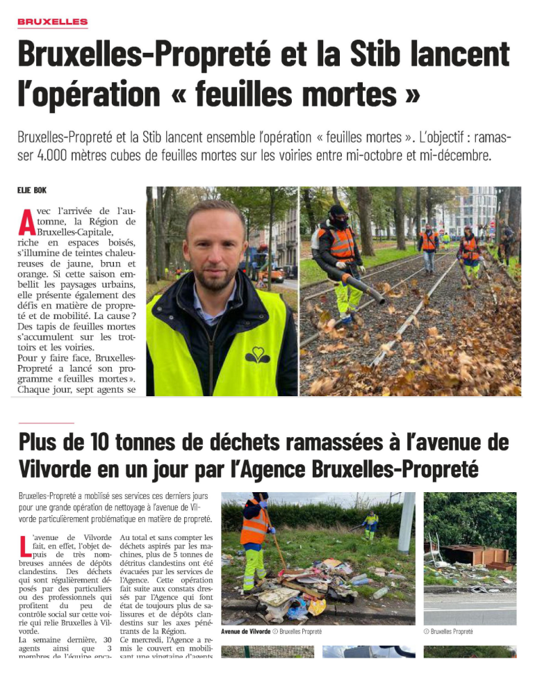 Article sur l’opération « feuilles mortes » menée par Bruxelles-Propreté et la STIB pour ramasser les feuilles en automne